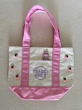 Trader Joe's Custom Pastel Mini Tote Labubu Strawberry Embroidered Tote Pink